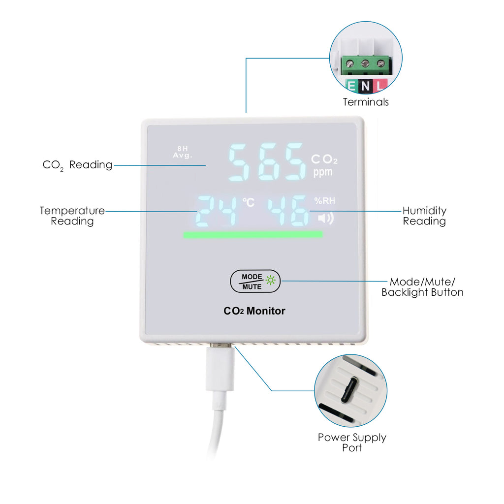 TK357PLUS Touch Screen Smart CO2 Monitor Home Essential IAQ Tester with Buzzer Alarm Logged Data Review Temperature and Humidity Measure