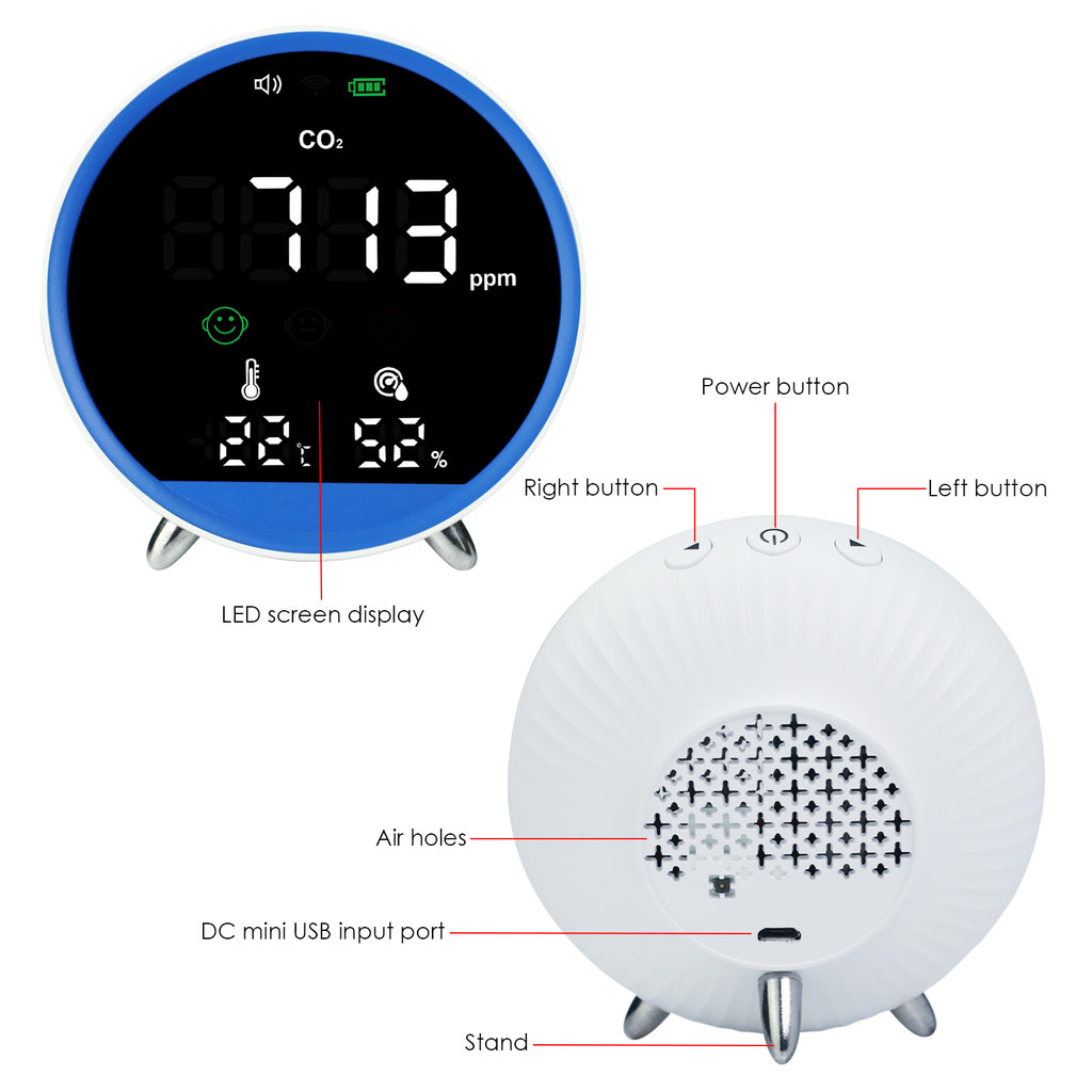 TK399PLUS Carbon Dioxide CO2 Monitor with Temperature and Humidity Measure Large Colored Display NDIR Sensor Rechargeable Meter for Air Quality in Homes, Offices, Schools, etc.
