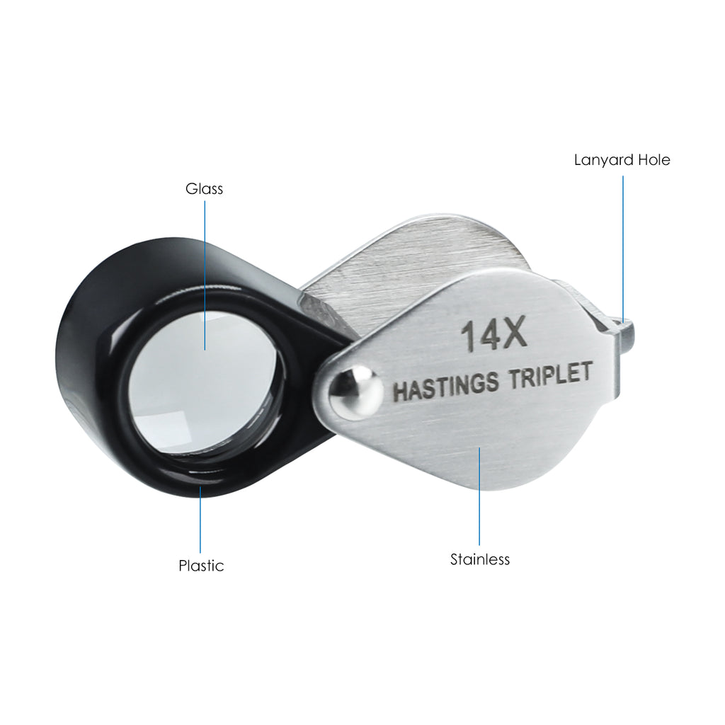 TK403PLUS Jeweler Loupe 14x Magnification Mini Foldable Optical Glass Lens Magnifier Triplet Loop for Jewelry, Stamp and Coin Collector, Watch and Circuit Board Repair