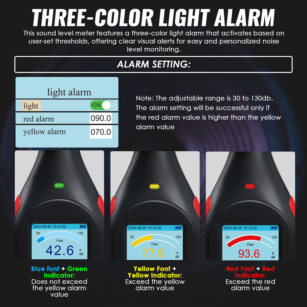 TK441PLUS Sound Level Meter Datalogger SPL Decibel Monitor Tester Record up to 43,000 Data, A/C Weighting, 3-Colored Alarm with Line Chart Display