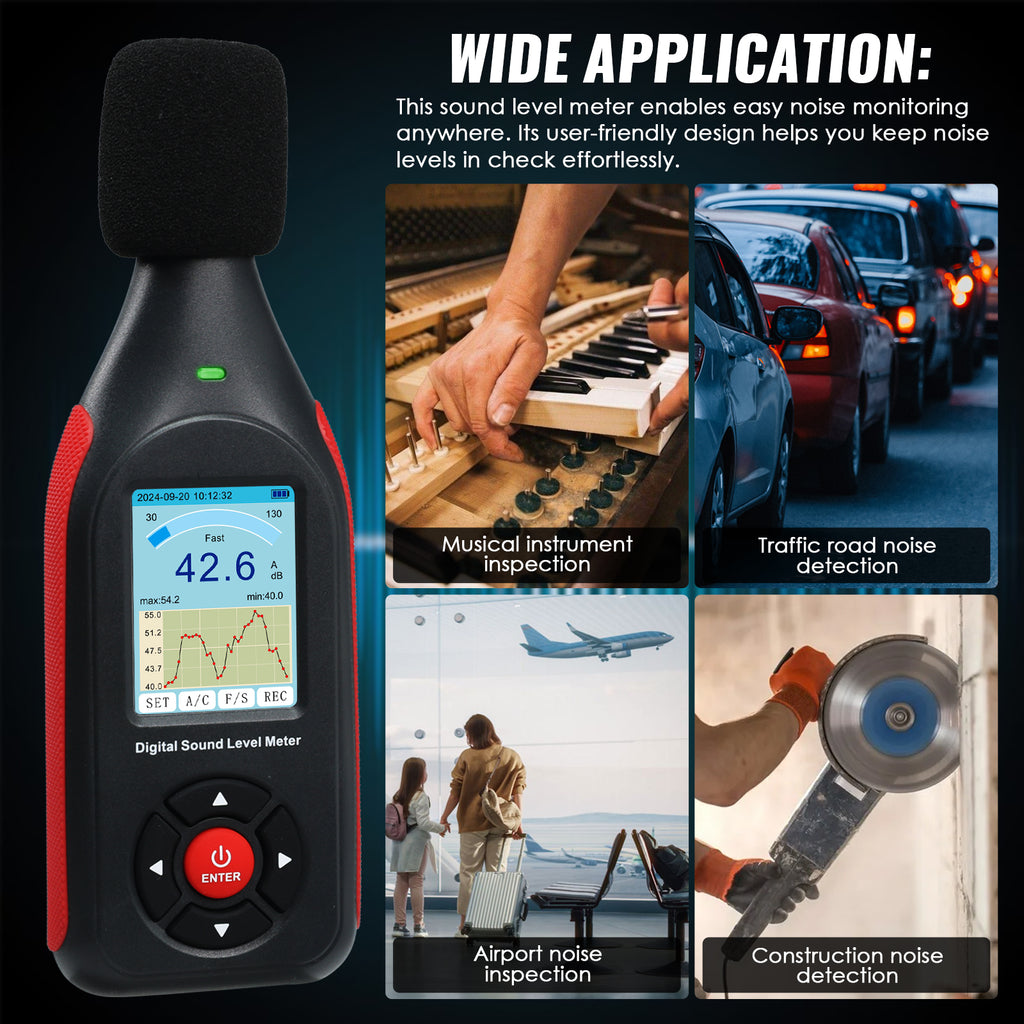 TK441PLUS Sound Level Meter Datalogger SPL Decibel Monitor Tester Record up to 43,000 Data, A/C Weighting, 3-Colored Alarm with Line Chart Display