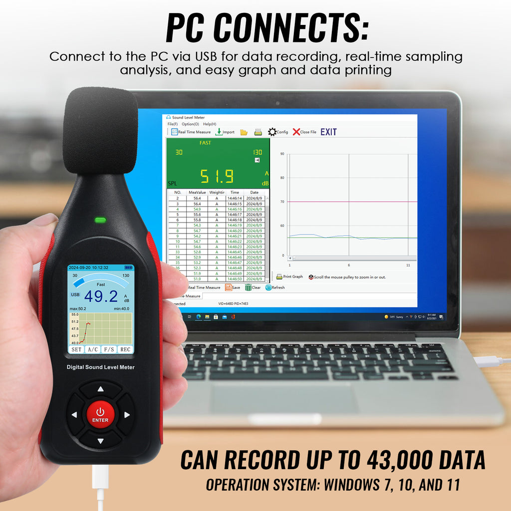TK441PLUS Sound Level Meter Datalogger SPL Decibel Monitor Tester Record up to 43,000 Data, A/C Weighting, 3-Colored Alarm with Line Chart Display
