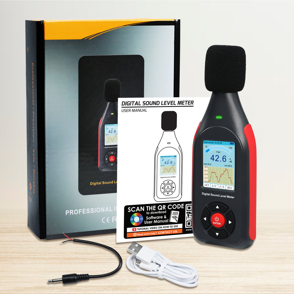 TK441PLUS Sound Level Meter Datalogger SPL Decibel Monitor Tester Record up to 43,000 Data, A/C Weighting, 3-Colored Alarm with Line Chart Display