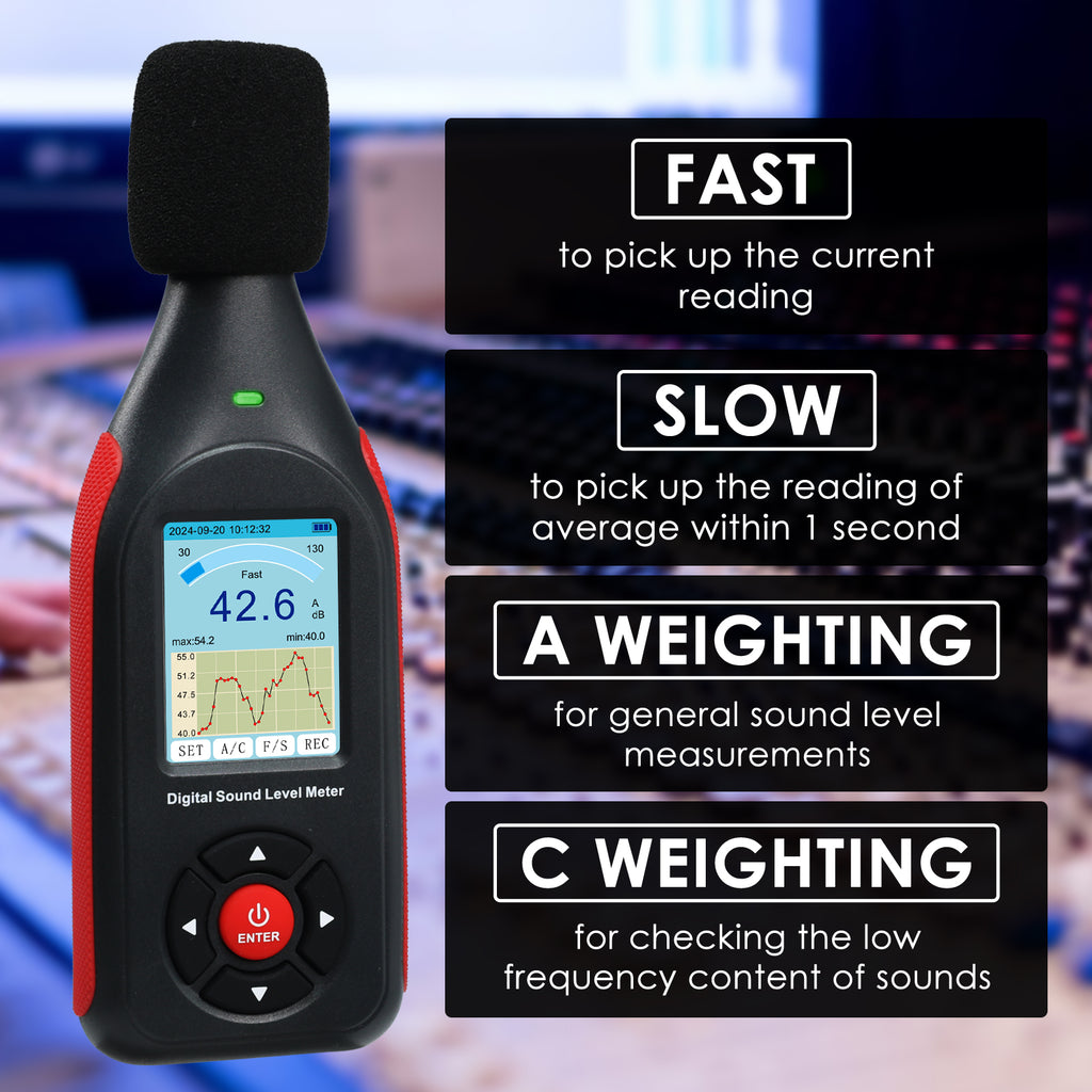 TK441PLUS Sound Level Meter Datalogger SPL Decibel Monitor Tester Record up to 43,000 Data, A/C Weighting, 3-Colored Alarm with Line Chart Display