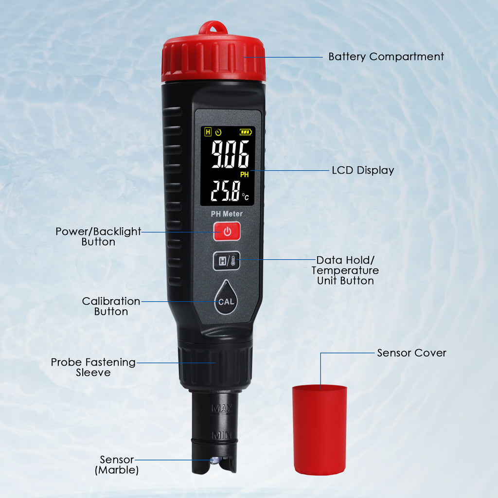 TK443PLUS Pen-type pH Meter 3-Point Calibration with Temperature Measurement (°C/°F), ATC, Backlight, & Alarm Function Replaceable Probe