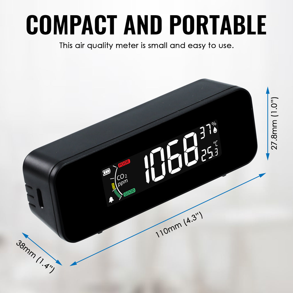 TK481PLUS CO2 Monitor Carbon Dioxide, Temperature, & Humidity Measurement NDIR Sensor – 0-5000ppm Air Quality Detector, Rechargeable Battery, Color-Coded Alert for Home, Office, School etc.