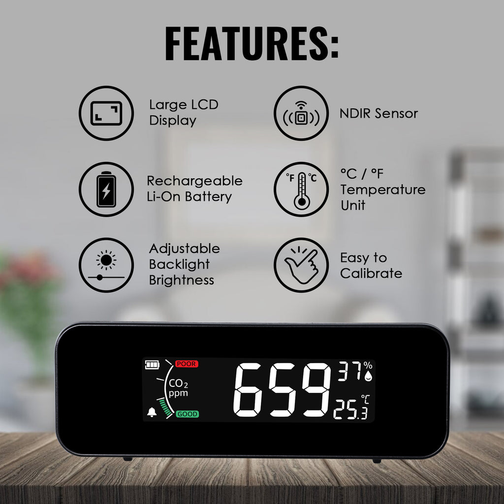 TK481PLUS CO2 Monitor Carbon Dioxide, Temperature, & Humidity Measurement NDIR Sensor – 0-5000ppm Air Quality Detector, Rechargeable Battery, Color-Coded Alert for Home, Office, School etc.