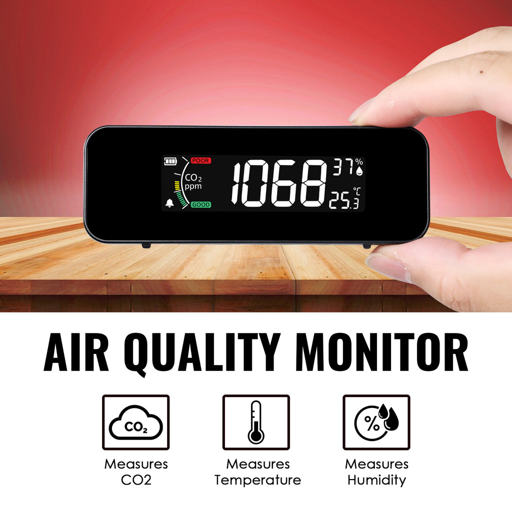 TK481PLUS CO2 Monitor Carbon Dioxide, Temperature, & Humidity Measurement NDIR Sensor – 0-5000ppm Air Quality Detector, Rechargeable Battery, Color-Coded Alert for Home, Office, School etc.