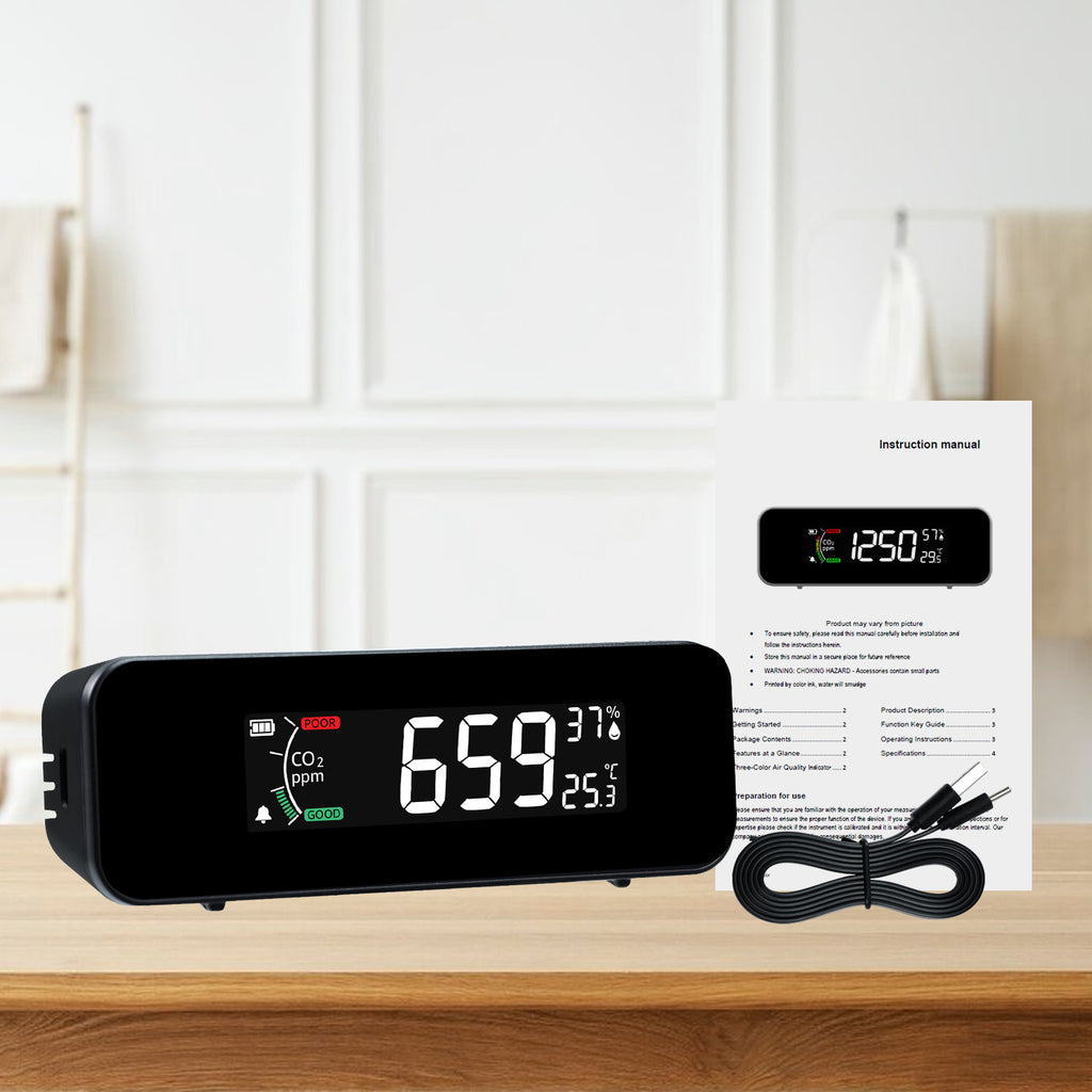 TK481PLUS CO2 Monitor Carbon Dioxide, Temperature, & Humidity Measurement NDIR Sensor – 0-5000ppm Air Quality Detector, Rechargeable Battery, Color-Coded Alert for Home, Office, School etc.