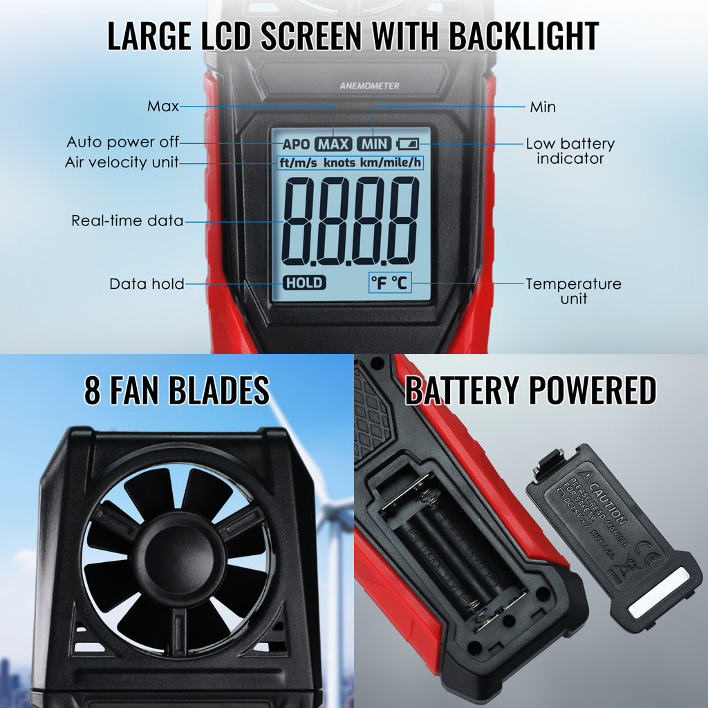 TK486PLUS Digital Vane Anemometer Wind Speed Air Velocity Air Temperature Tester with High Precision Sensor 30m/s Max for Professional and Personal Use