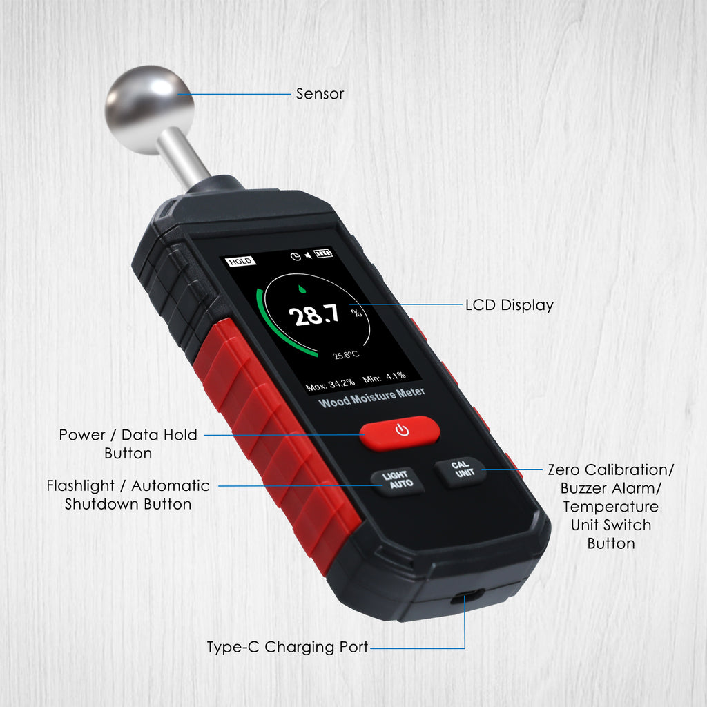 TK495PLUS Digital Wood Moisture Meter – Precision Moisture Detection with Temperature Measurement & Rechargeable Battery