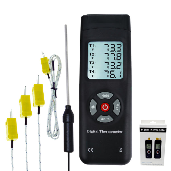 Jectse Digitale thermometer, °F, °C, K temperatuurmeter, 4-kanaals type K thermokoppelsensorthermometer, digitaal LCD-scherm met achtergrondverlichting voor lucht- en oppervlaktetemperaturen Jectse Digitale thermometer, °F, °C, K temperatuurmeter, 4-kanaals type K thermokoppelsensorthermometer, digitaal LCD-scherm met achtergrondverlichting voor lucht- en oppervlaktetemperaturen