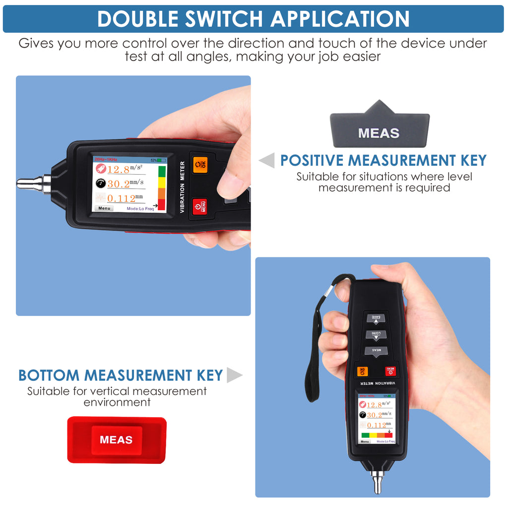 TK281PLUS Digital Color LCD Vibration Meter Vibrometer Gauge 0.1~199.9m/s2, 0.1~199.9mm/s, 0.001~1.999mm