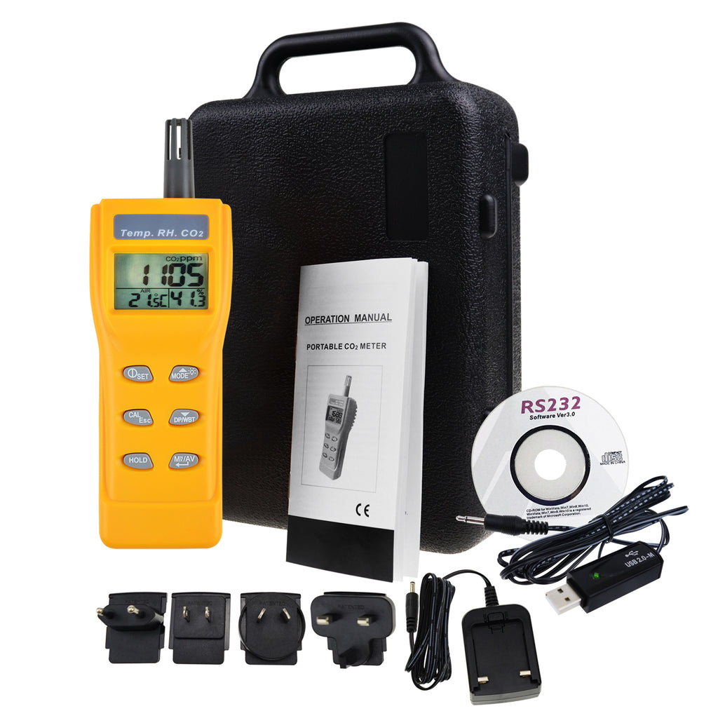 COTK-57_CD_ADAPTOR Portable Digital Carbon Dioxide Temperature Humidity Tester with CD & Cable Data logger 9999ppm NDIR Sensor CO2 Monitor Wet Bulb, Dew Point IAQ Detector