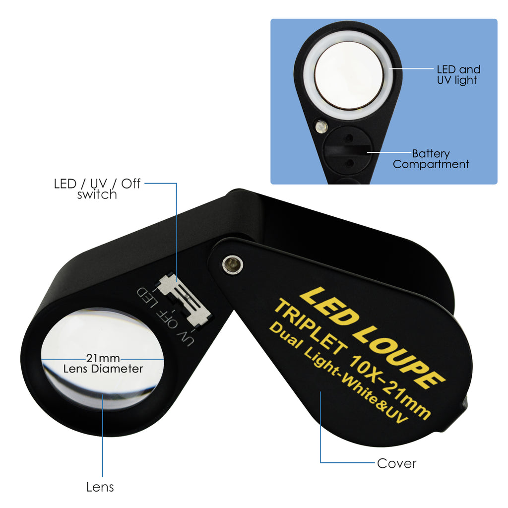 TEK-246 Jewelry Loupe 10x Magnification 21mm Optical Glass Lens 6 LED & UV Light Jeweler Watchmaker-Tekcoplus Ltd.