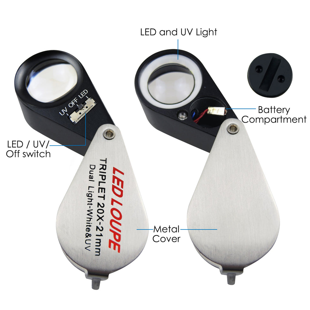 GSTK-119 Jeweler Loupe 20X Magnification with LED & UV light 21mm Lens Gemological Testing-Tekcoplus Ltd.