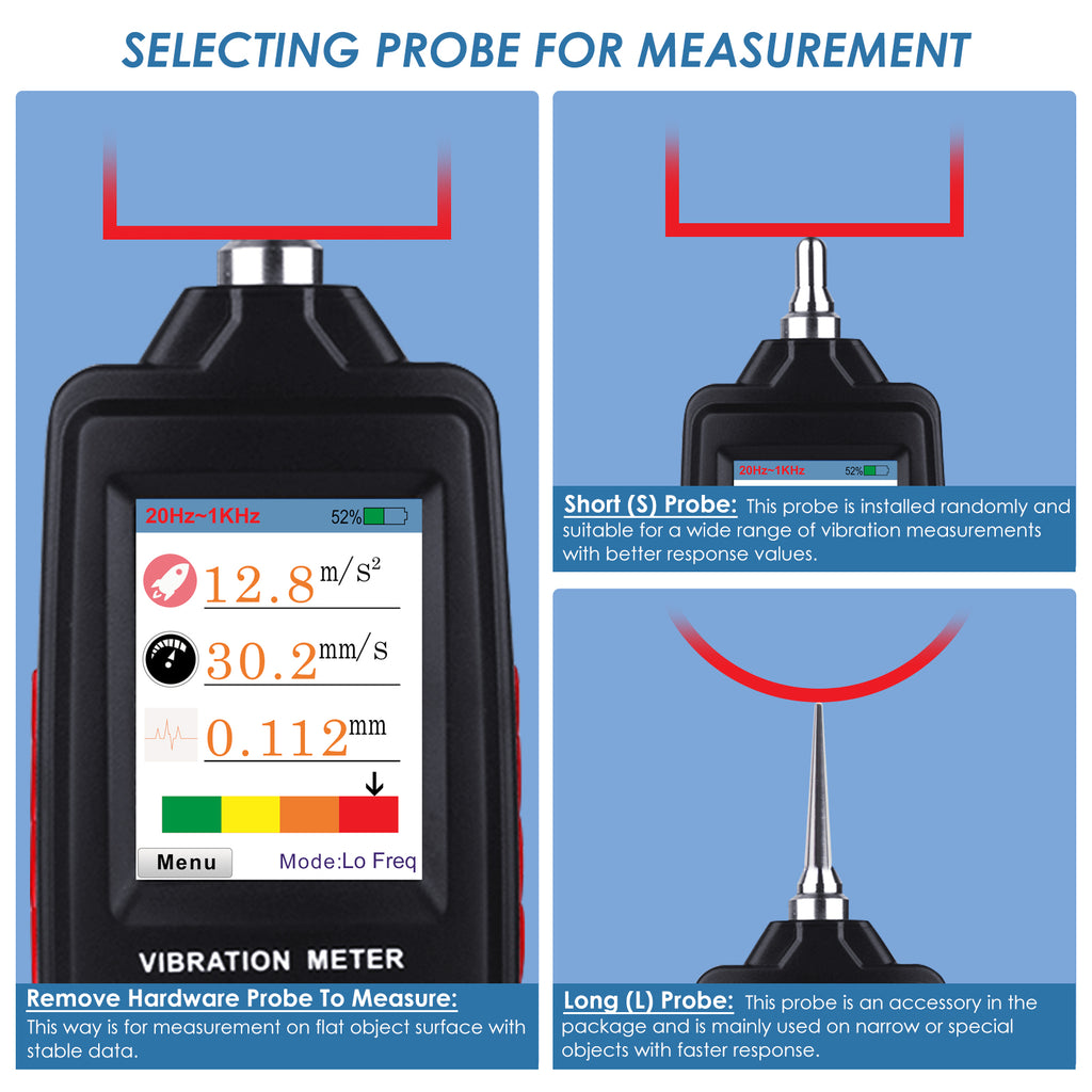 TK281PLUS Digital Color LCD Vibration Meter Vibrometer Gauge 0.1~199.9m/s2, 0.1~199.9mm/s, 0.001~1.999mm