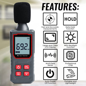 TK411PLUS Handheld Sound Level Meter 30~130dBA Decibel Meter A-Weighting SPL Noise Tester Fast/Slow Measurement with Capacitive Microphone Sensor 30~130dB-Tekcoplus Ltd.