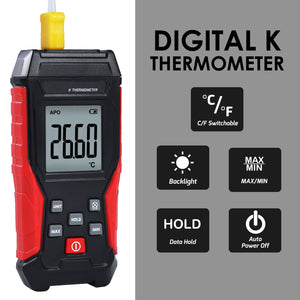 TK418PLUS_1P K-Type Thermocouple Thermometer -200~1372°C (-328~2501°F) Meter Temperature Range with Wired and Stainless Steel Probe, Backlight Function-Tekcoplus Ltd.