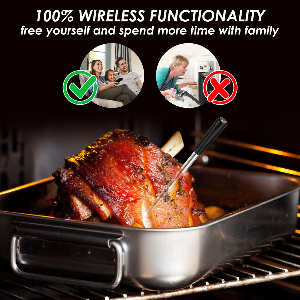 TK368PLUS Wireless Stainless Steel Meat Thermometer with Bluetooth Function for Oven, Grill, Kitchen, BBQ, Rotisserie Ringing or Vibrating Alarm 9 Food Types