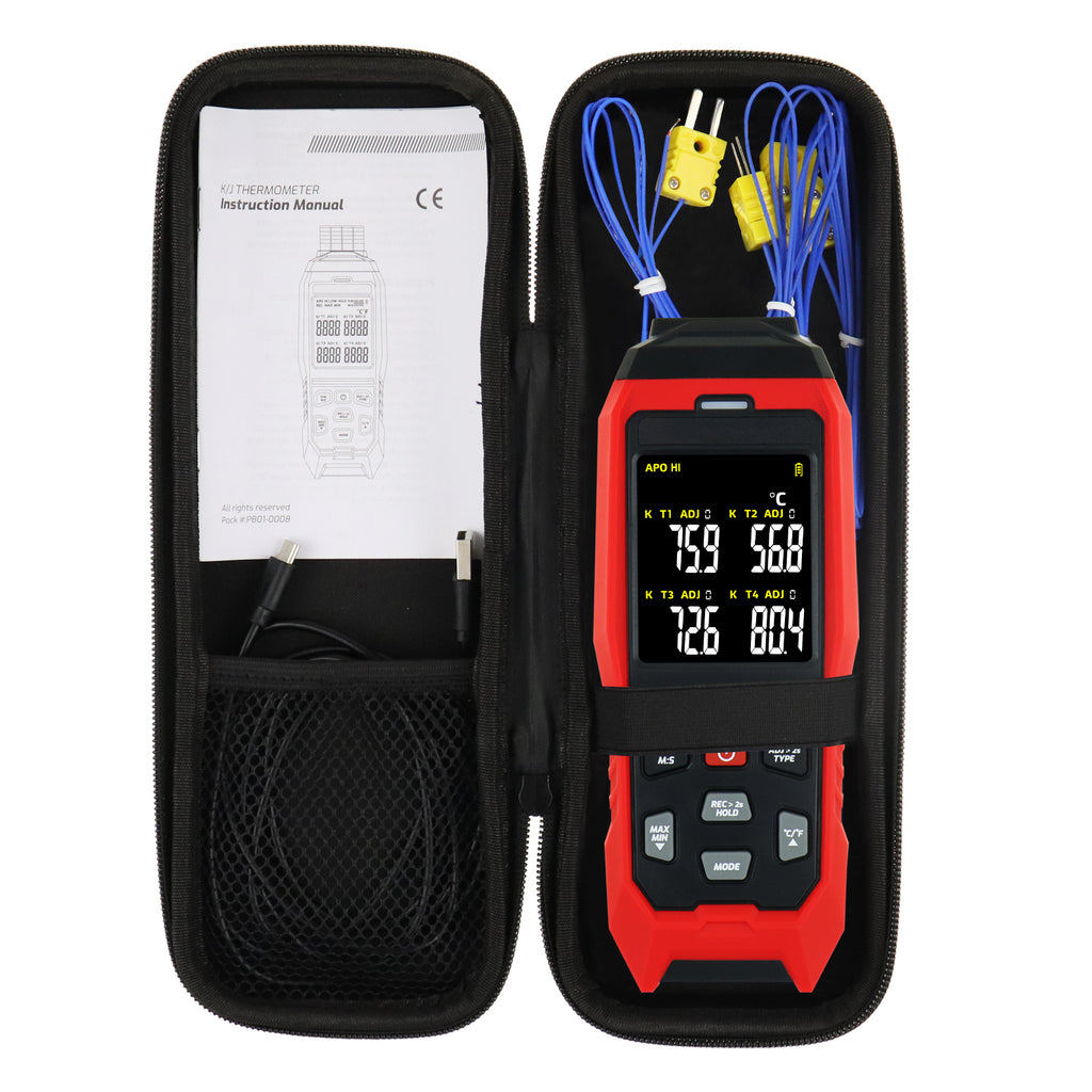TK373PLUS K/J Thermocouple Thermometer Datalogger -200~1372°C (-328~2501°F) Temperature Range, 4-Channel Display, Real-Time Data Logging, with ADJ Compensation