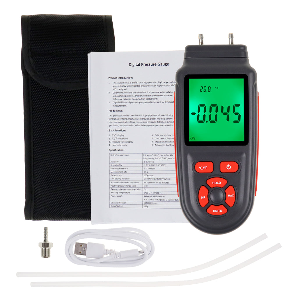 TK346PLUS Digital Manometer Differential Air Pressure Gauge HVAC Tester  Data HOLD and STORAGE Function 12 Unit Measurement