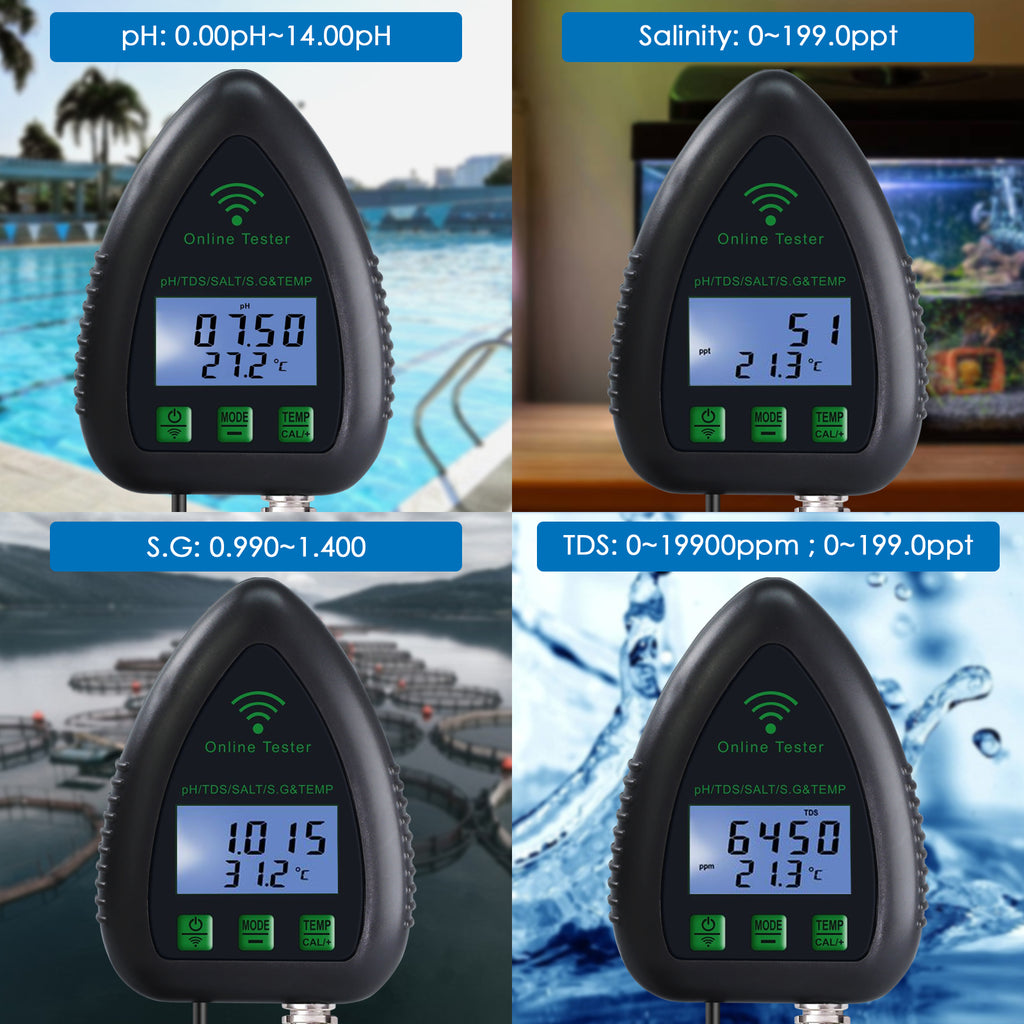 TK397PLUS 5-in-1 pH / TDS / Salt / S.G / Temperature Multi-functional Smart WiFi Water Quality Meter Tester for Drinking Supply Aquarium Hydroponics Pool Aquaculture