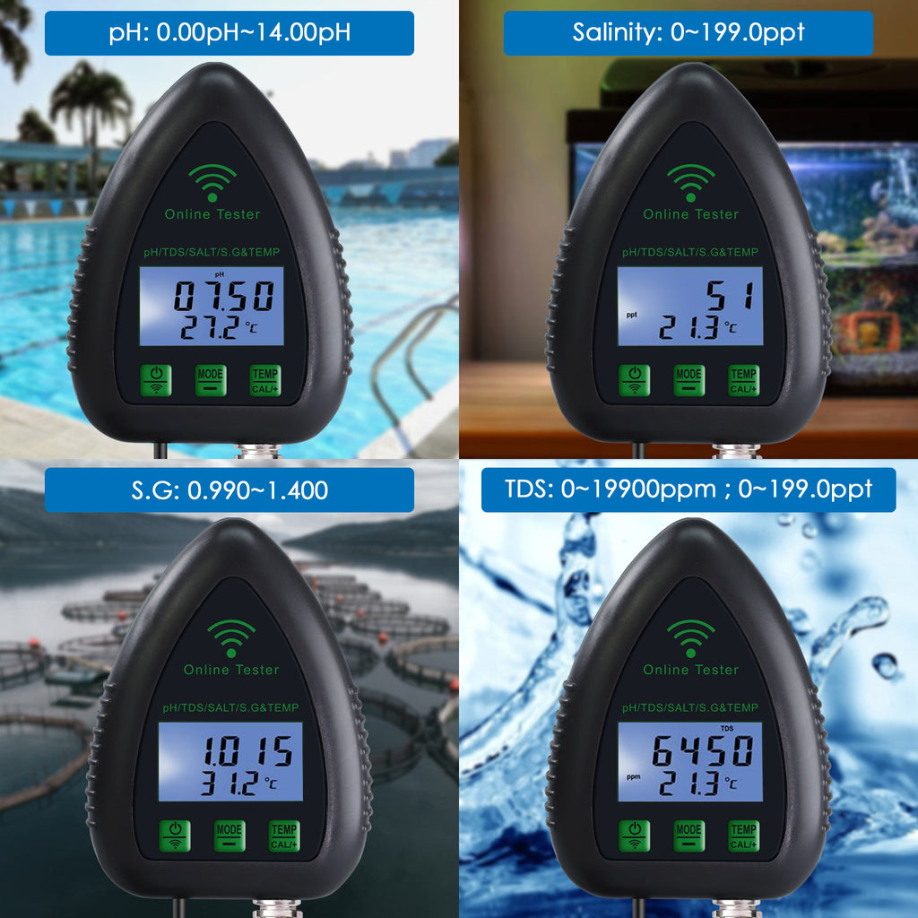 Testeur 5 En 1 PH / TDS / Salinité / SG / Température - Moniteur Intelligent Eau Avec App, Pour Aquarium, Piscine, Hydroponie