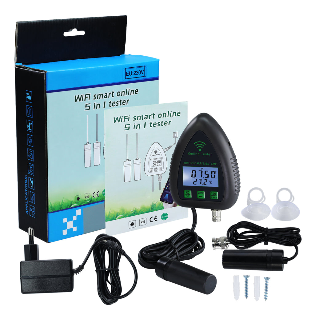 Mulcort Water Quality Tester, 6-in-1 WiFi Water Quality Monitor, Multi Parameter, Digital PH/Total Dissolved Solids, EC/S.G/Salt/Temperature Meter for Aquaculture, Swimming Pool Mulcort Water Quality Tester, 6-in-1 WiFi Water Quality Monitor, Multi Parameter, Digital PH/Total Dissolved Solids, EC/S.G/Salt/Temperature Meter for Aquaculture, Swimming Pool