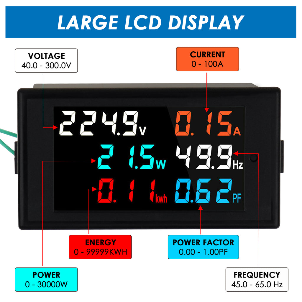 TK361PLUS 6-in-1 AC Multi-Function Monitor Measure AC Voltage, AC Current, Active Power, Power Factor, Power Frequency and Electric Energy with Digital Colored Screen Display