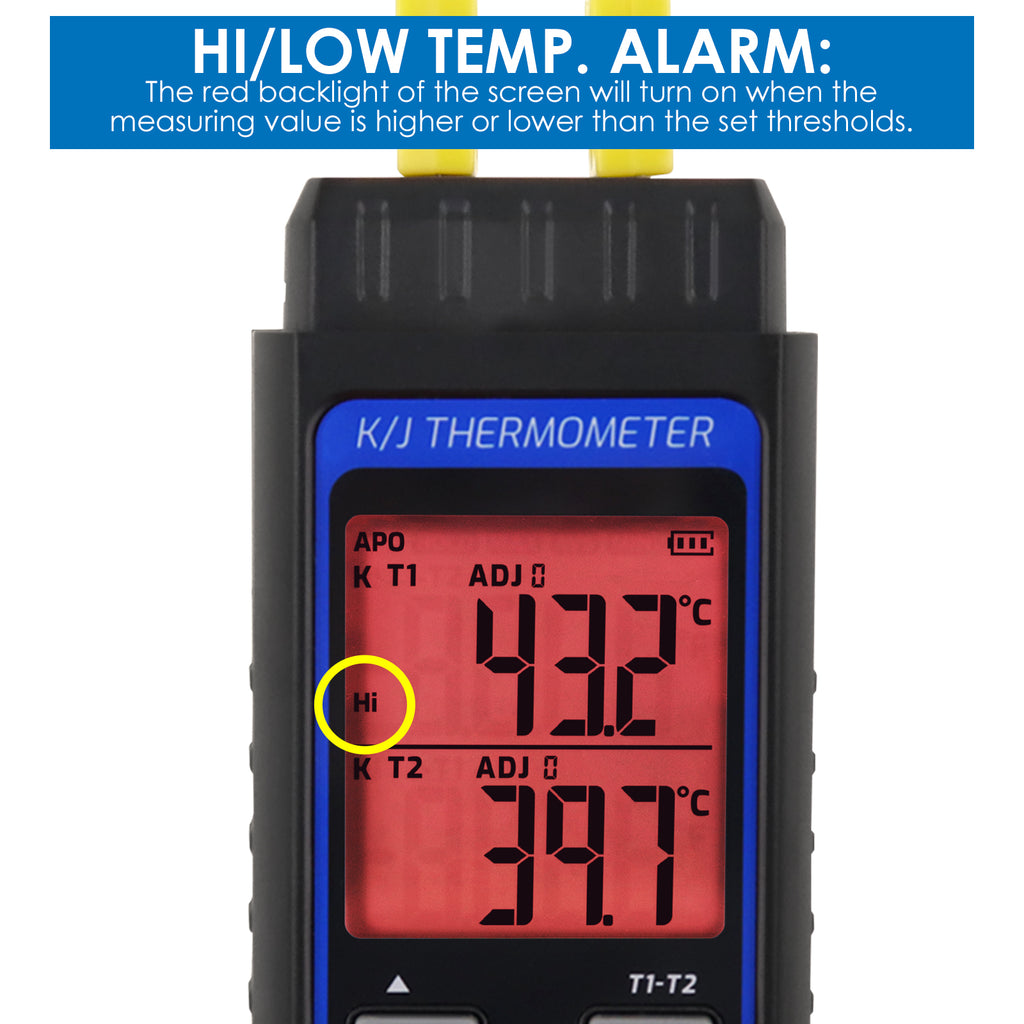 TK343PLUS Dual Channel Thermometer K/J Thermocouple Sensor Probe Temperature Tester °C/°F Temp Unit, Alarm Function and ADJ Compensation