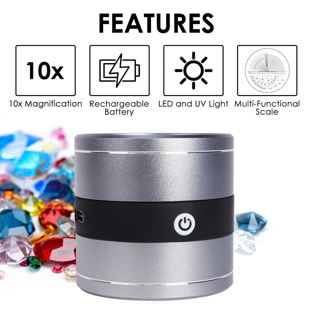 TK386PLUS-MFS Optical Glass Magnifier 10X Magnifying Jeweler Scale Loupe 0-20mm Multifunctional Metric Scale Rechargeable with LED and UV Light Source
