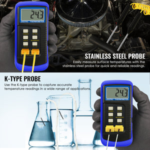 TK315PLUS_2P Wired & Stainless Steel Thermocouple Probe Digital 2 Channel K-Type Thermometer Kelvin Scale Dual Temperature T1-T2 Measurement Tester-Tekcoplus Ltd.