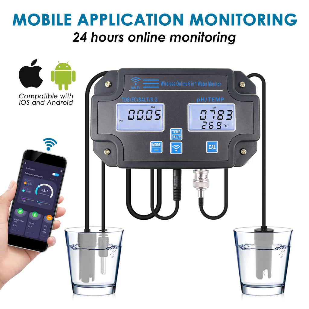 Water Quality Meter, 6 in 1 Multi-Function Water PH Tester PH TDS EC SG Salt Temperature Tester with WiFi Connection Multi-Parameter Water Monitor for Swimming Pool, Aquarium, Aquarium Water Quality Meter, 6 in 1 Multi-Function Water PH Tester PH TDS EC SG Salt Temperature Tester with WiFi Connection Multi-Parameter Water Monitor for Swimming Pool, Aquarium, Aquarium