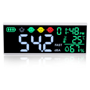 TK413PLUS Digital 13-Inches Sound Level Meter Temperature and Humidity Colored Screen Display Wallmount/Desktop Design with Face Icon Indicator, Alarm and Clock