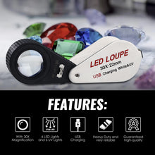 TK450PLUS Jeweler Magnifier Loupe (10X / 15X / 20X / 30X / 40X) Rechargeable Loupe with 6 UV and LED Light 22mm Optical Triplet Lens for Gemologists, Hobbyist, Watch Repair, etc.