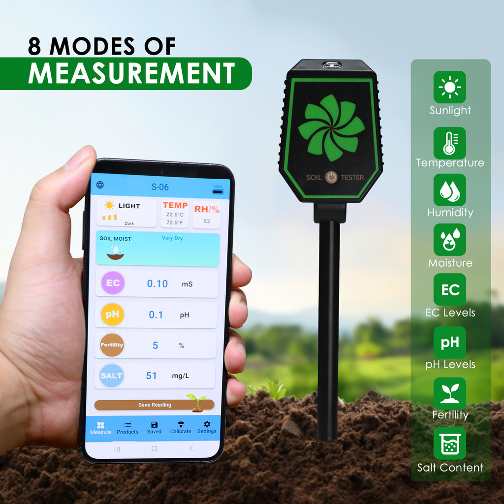 wireless soil moisture meter TK457PLUS 8-in-1 Multi-Parameter Bluetooth Soil Tester (pH, EC, SALT, – Tekcoplus Ltd