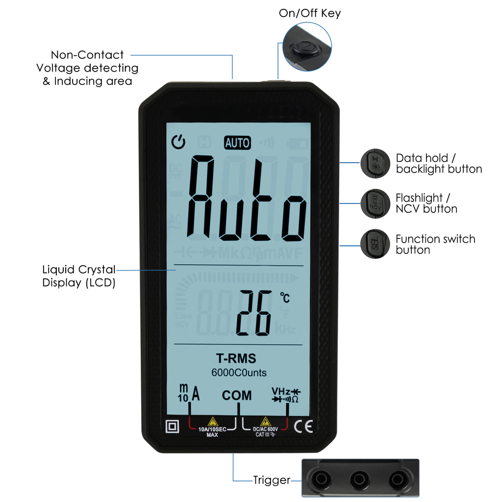 TK318PLUS Digital Multimeter 4.7-inch LCD Screen NCV Measurement Capacitance Resistance AC/DC Voltage Current Diode Automatic Range Electrical Testing Tool with Backlight - Tekcoplus