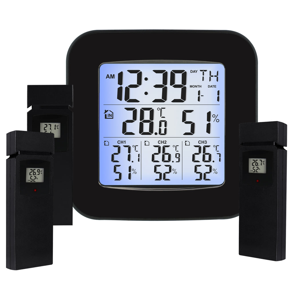 thumbnail interactive-video image 1 of Jotekonoby Indoor Temperature & Humidity Monitor – Digital Weather Station With Clock, Alarm, Backlight 1 of 9