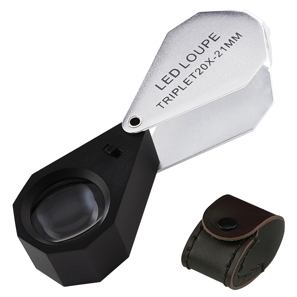 Jewelers Loupe 20x Silver Tone 5 Element Triplet 12mm Leather Case