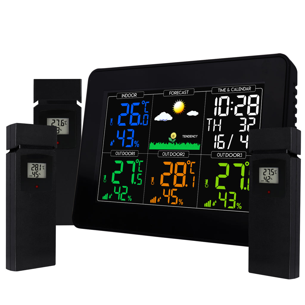 TK289PLUS Color Display Wireless Weather Station w/ Three Remote Sensors 12/24 Hour Format Alarm & Snooze Function Sunny, Partly Cloudy, Cloudy, Rainy, Snowy Forecast