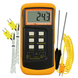 TK315PLUS_2P Wired & Stainless Steel Thermocouple Probe Digital 2 Channel K-Type Thermometer Kelvin Scale Dual Temperature T1-T2 Measurement Tester