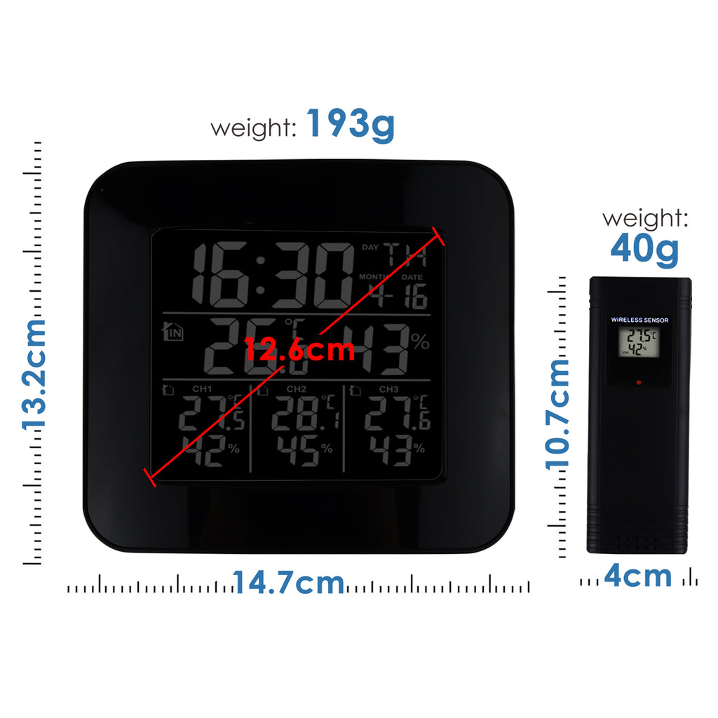 Thermo-Hygrometer; Wireless, LCD, 8-Channel, with Remote Sensor