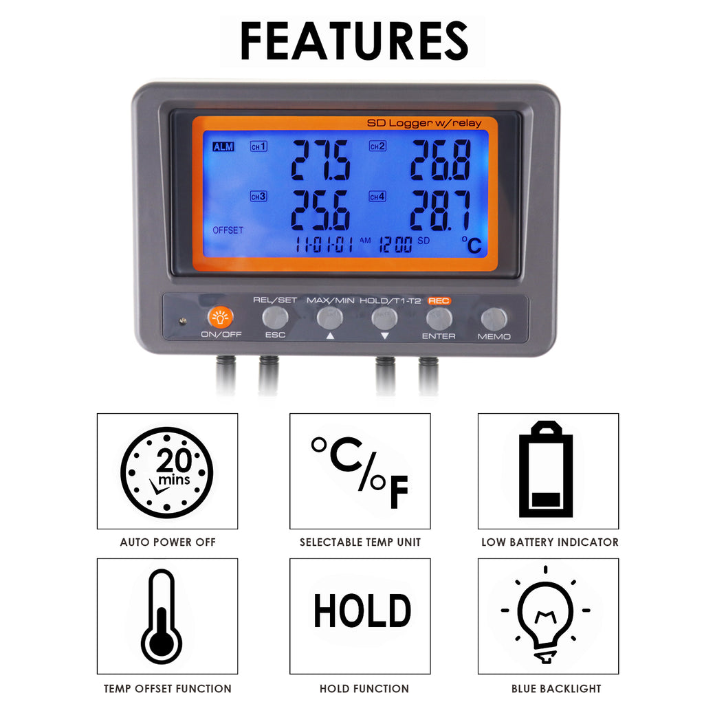 TK299PLUS 4 Channel Thermistor Thermal Datalogger Thermometer with Relay Datalogging HOLD Function