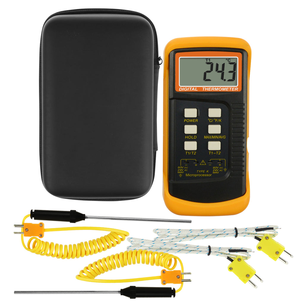TK315PLUS_2P Wired & Stainless Steel Thermocouple Probe Digital 2 Channel K-Type Thermometer Kelvin Scale Dual Temperature T1-T2 Measurement Tester