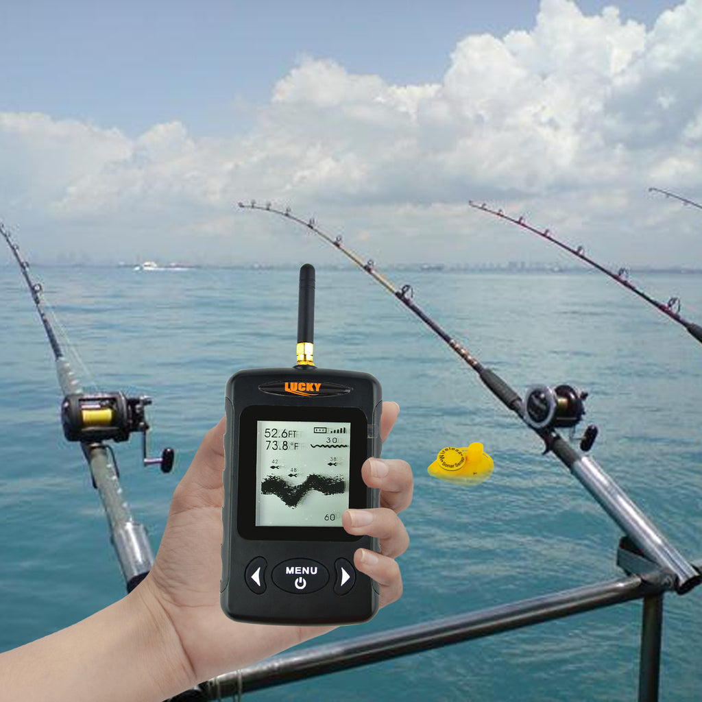 depth finder fishing reel FFW-718BLK Lucky Wireless Fish Finder Locator with 45m (135ft) Depth & 120m (400ft) Wireless Range