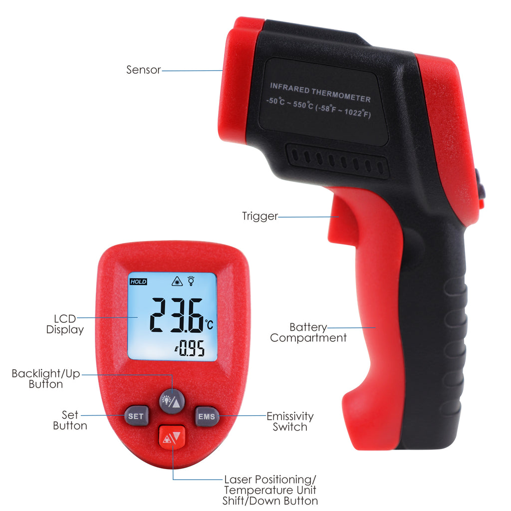 Infrared Thermometer Gun - Digital Temperature Gun With K-Type Thermocouple