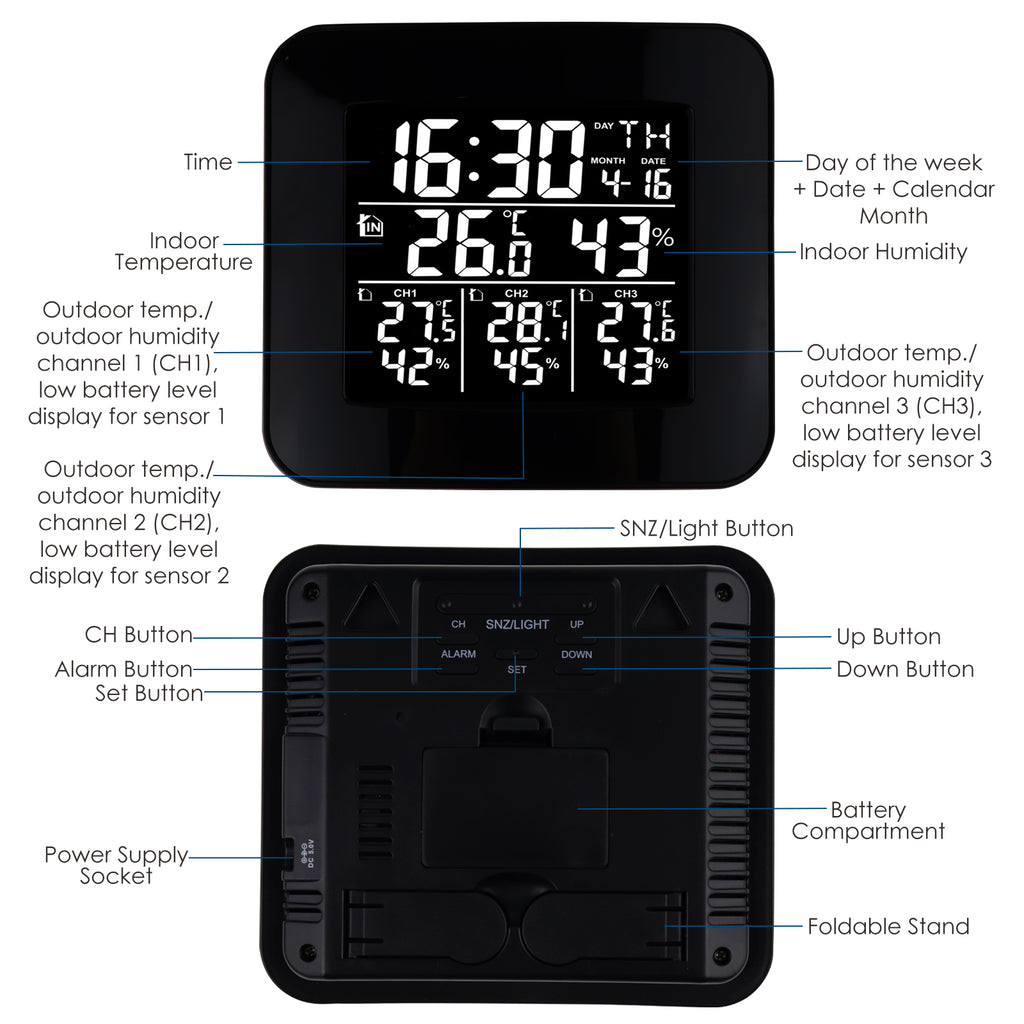 Temperature and Humidity Station with 3 Indoor/Outdoor Sensors