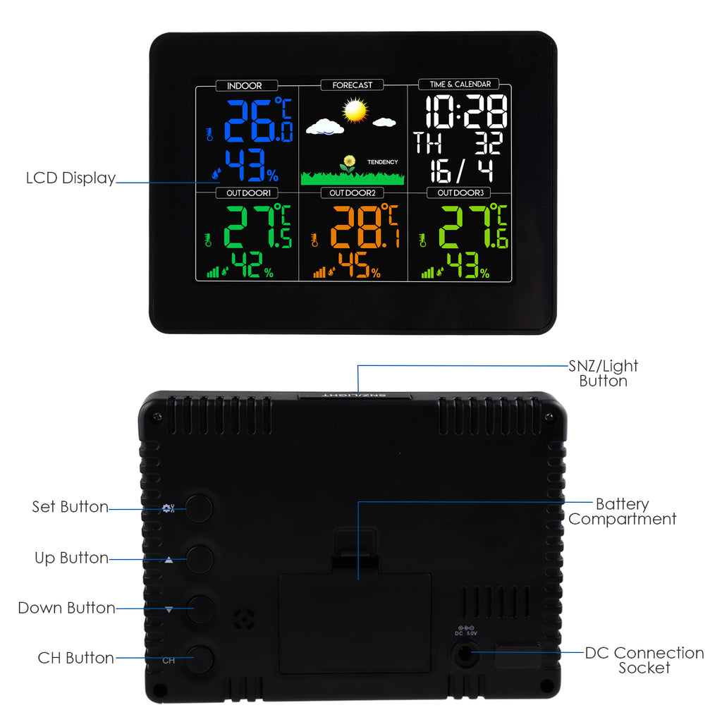 TK289PLUS Color Display Wireless Weather Station w/ Three Remote Sensors 12/24 Hour Format Alarm & Snooze Function Sunny, Partly Cloudy, Cloudy, Rainy, Snowy Forecast