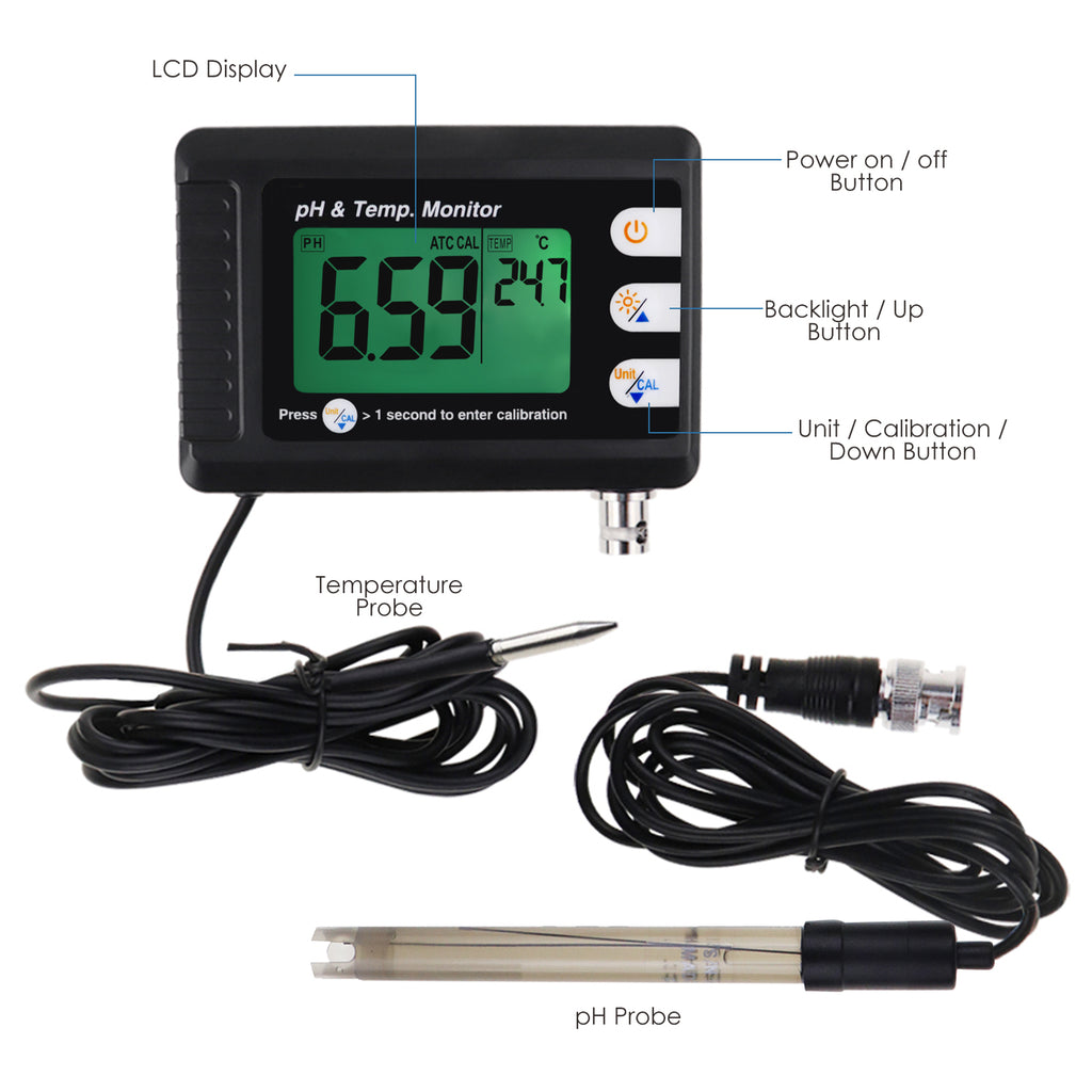 Digital pH Meter Temperature Monitor Tester Aquarium WaterQuality Pool